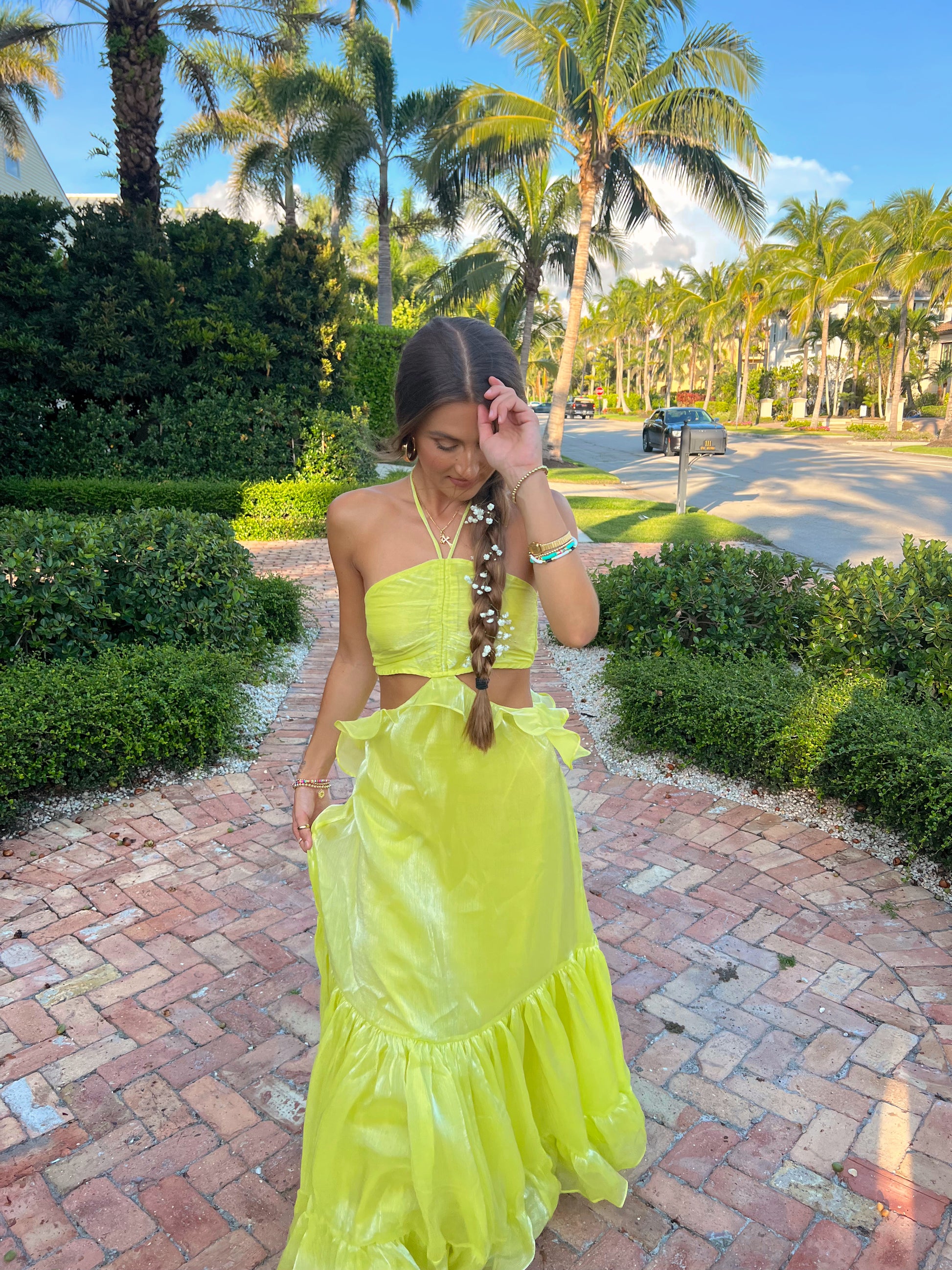Sydney Halter Maxi Ruffle Dress - Lime One Day Boutique Sydney Halter Maxi Ruffle Dress - Lime One Day Boutique